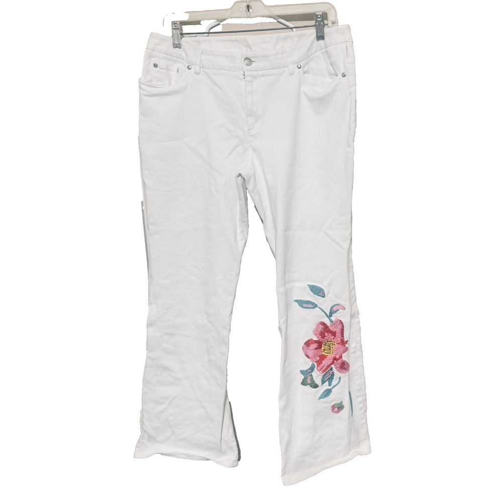 Nygard White Jeans Floral Embroidered sz 12‎ flare leg premium denim